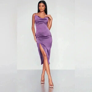 PrettyLittleThing NWT DARK PLUM‎ STRAPPY SATIN COWL MIDI DRESS Sz 6